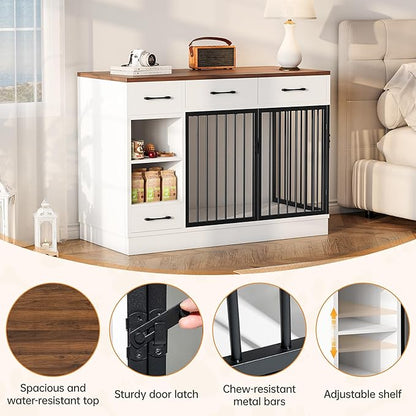 OtterOasis Large Dog Crate Furniture, 47.2'' Dog Kennel Indoor with 3 Storage Drawers and Hidden Feeding Bowl, Sturdy Wooden Dog Crate with 2 Doors and Adjustable Shelf for Small, Medium Dogs
