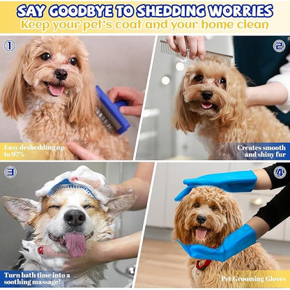 8PCS Dog Slicker Brush for Dogs Grooming Kit,Bath Grooming Kit for Pets,Hair Brush Set with Towel,Washing Gloves,Slicker Comb,and Shampoo Scrubber Brush for Small and Large Dogs and Cats(Blue)