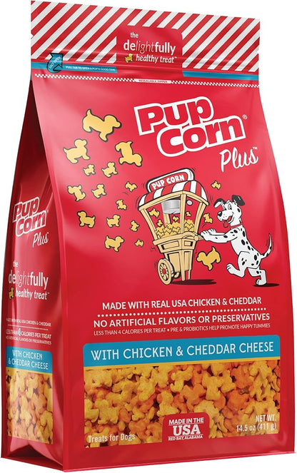 Pup Corn Plus - Puffed Dog Treats with Prebiotics and Probiotics - Chicken & Cheddar Cheese (14.5oz) - Made in USA