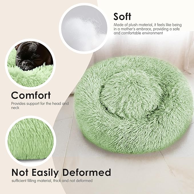 Hoewina Dog & Cat Bed, 20in Cat Beds for Indoor Cats, Calming Donut Bed for Puppy and Kitten, Washable Round Fluffy Pet Bed for Small Medium Dogs and Cats (Green)