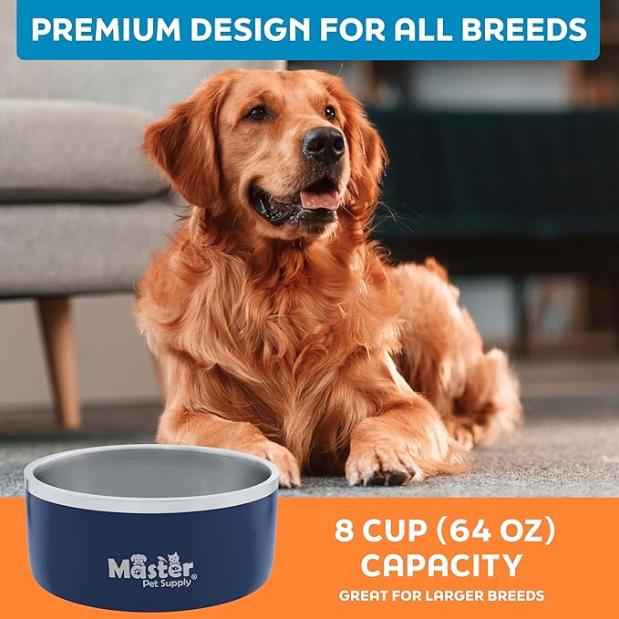 Master Pet Supply Stainless Steel Dog Bowls - 64 oz, Heavy Duty - Navy Blue, Double Wall Extra-Thick Insulated, Non-Slip Pet Water Bowl for Dogs, Cats & Pets, Anti Rust Metal, Dish Washer Safe