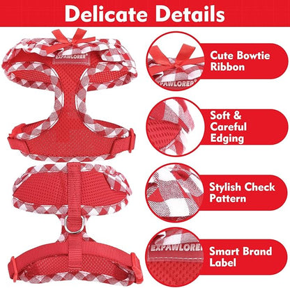 EXPAWLORER Cute Dog Harness Collar Leash Set - Red Girl Dog Harness Checkered Step-in Design, Detachable Bow Pet Collar, Adjustable No-Choke Lightweight Mesh Vest for Cats Puppy Small Dogs, XS