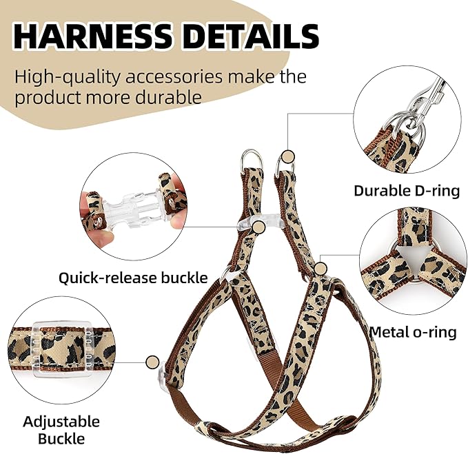 Mile High Life Leopard Dog Harness Collar Leash Set, Adjustable No Pull Dog Halter Harness for Small Breed Dogs, Easy Control for Training Walking (Brown, XS Chest 9"-15", Neck 8"-12")