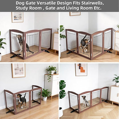 ZJSF Freestanding Dog Fence Indoor, Foldable Dog Gate for Doorways, Stairs or Hallways, Sturdy Wood Extra Wide Pet Gate with Support Feet for The House, Brown, 24 "Height-3 Panels