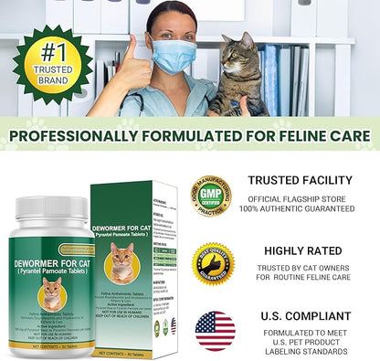 Cat & Kitten Dewormer for All Wormers, Pyrantel Pamoate, Roundworms & Hookworms, 50 Tablets