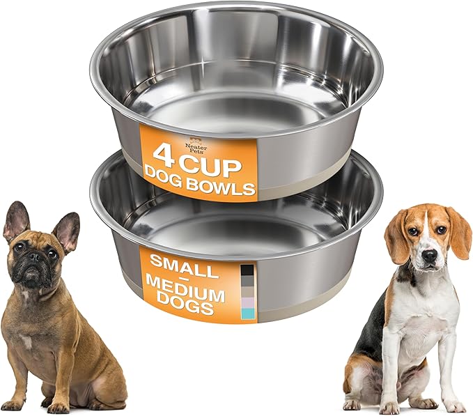 Neater Pet Brands Stainless Steel Dog Bowls with Non-Slip Rubber Bottom – Set of 2, 4 Cup (32 oz), Tan - Heavy Duty Metal Dog Bowl, Dishwasher Safe, Food or Water Bowl, Ideal for Medium Dogs