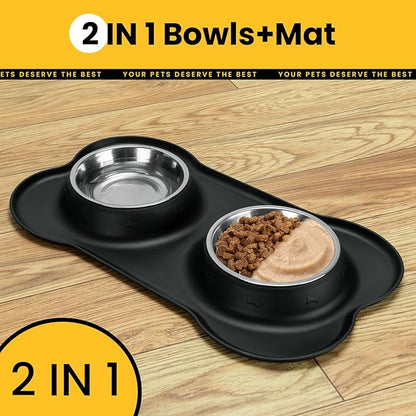 Conlun Dog Bowls with Non-Slip Silicone Mat, Spill Proof Large Food & Water Bowls Set, Easy Clean Dog Food Dish, Dishwasher Safe, Suitable for Dogs Cats Pet Under 90lbs, Large, Black
