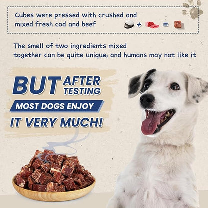 PAWUP Dog Treats Training Rewards, Beef Cod Cubes, 1% Taurine Added, 12.5 oz, Rawhide Free, Grain Free, Low Fat Dog Training Rewards and Snacks, No Additives