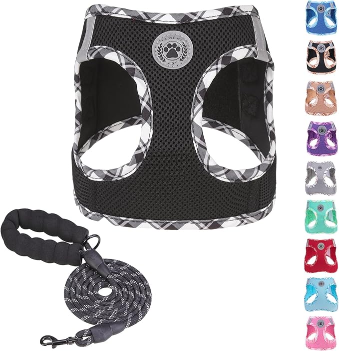 BEAUTYZOO Step in Dog Harness and Leash Set,Reflective Dog Harness No Pull No Choke Puppy Harness for Small Medium Large Dogs Cats,Soft Padded Mesh Vest Harnesses for Girl and Boy Pets,Black Plaid S