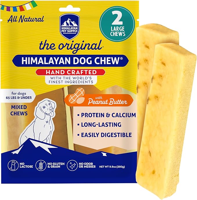 Himalayan Dog Chew Peanut Butter Yak Cheese Dog Chews, The Better-for-You Chew, 100% Natural Long Lasting, Healthy Dog Treats, Lactose & Grain Free, Protein Rich, for Dogs 65 Lbs & Smaller, 2-Count