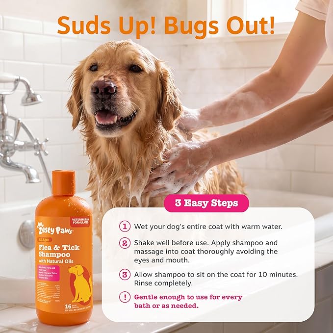 Zesty Paws Flea and Tick Shampoo for Dogs - Veterinarian Formulated Flea Shampoo for Dogs to Kill Fleas, Ticks & Their Eggs - Soothes Itchy & Irritated Dog Skin - Cedarwood, Rosemary & Peppermint Oil