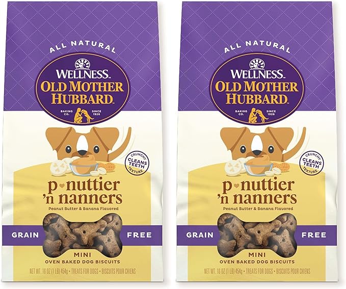 Old Mother Hubbard Wellness P-Nuttier 'N Nanners Dog Biscuits, Natural, Training Treats, Peanut Butter & Banana Flavor, Mini Size, (1 Pound Bag) (Pack of 2)