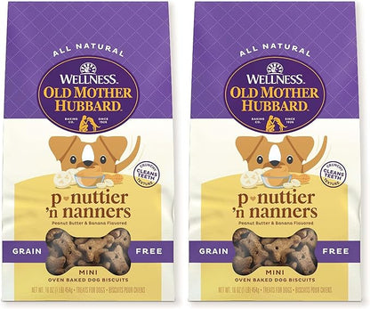 Old Mother Hubbard Wellness P-Nuttier 'N Nanners Dog Biscuits, Natural, Training Treats, Peanut Butter & Banana Flavor, Mini Size, (1 Pound Bag) (Pack of 2)
