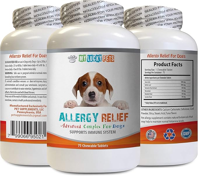 Dog Allergy Immune - Allergy Relief for Dogs Itch Relief Support - Key Ingredients - quercetin for Dogs Organic - 1 Bottle (75 Chewable Tablets)