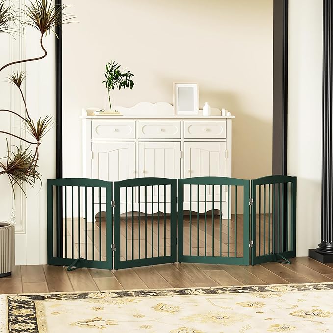 PUPETPO Freestanding Pet Gate for Dogs, Foldable Wooden Dog Gate for House, Indoor Dog Gate for Stairs, Doorways, Step Over Pet Puppy Safety Fence, 80 Inch Wide, 4 Panels 24", Green