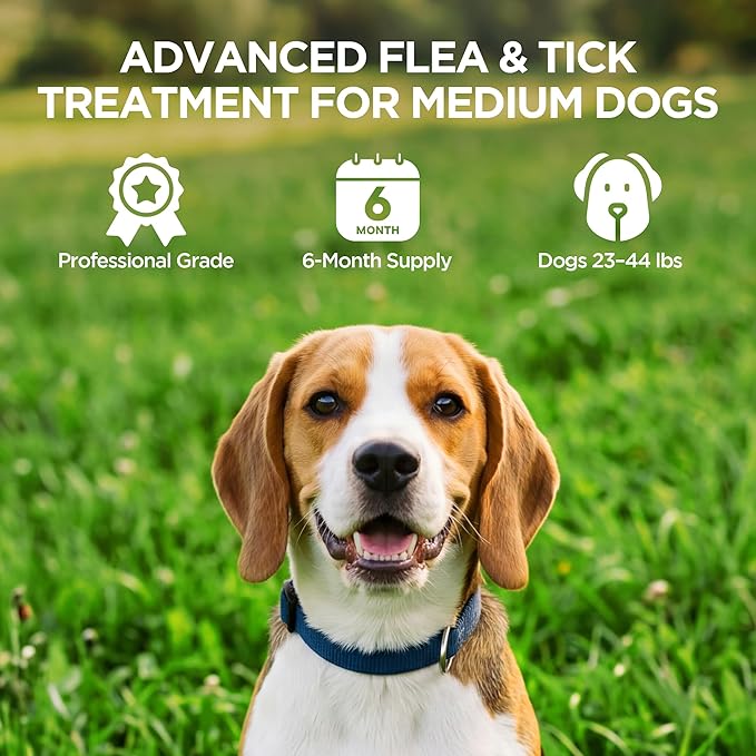 Flea and Tick Prevention for Medium Dogs, 6 Doses Treatment Helps Control Fleas, Ticks and Chewing Lice for Dogs 23-44 lbs, Waterproof, Fast Acting