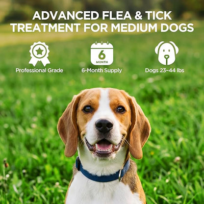 Flea and Tick Prevention for Medium Dogs, 6 Doses Treatment Helps Control Fleas, Ticks and Chewing Lice for Dogs 23-44 lbs, Waterproof, Fast Acting