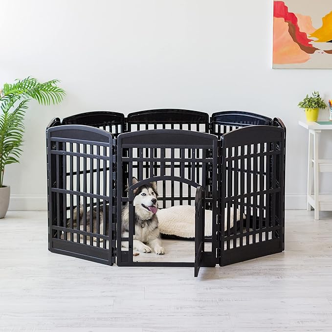 IRIS USA Dog Playpen with Door, 34” 8 Panel Pet Exercise Pen – Indoor Outdoor Puppy Play Pen, Portable Plastic Pet Fence for Small Medium Dogs, Foldable 63” x 63” x 34”, Black