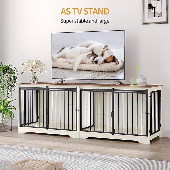 Hzuaneri 78" Dog Crate Furniture for 2 Dogs, Double Dog Cage with Divider, Wooden Heavy Duty Dogs Kennel, Pet Cage with Barn Door, TV Stand for Large Small Medium Dogs, White Brown DFC83714BV1