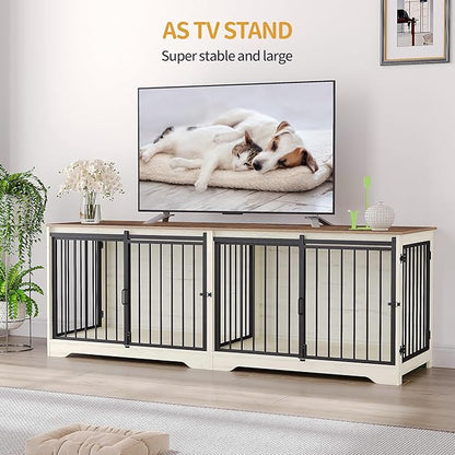 Hzuaneri 78" Dog Crate Furniture for 2 Dogs, Double Dog Cage with Divider, Wooden Heavy Duty Dogs Kennel, Pet Cage with Barn Door, TV Stand for Large Small Medium Dogs, White Brown DFC83714BV1