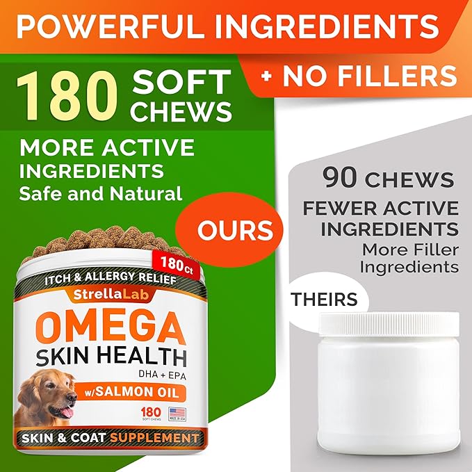 StrellaLab Omega 3 for Dogs - (180Ct) Fish Oil Treats - Allergy & Itch Relief Skin & Coat Supplement - Dry Itchy Skin, Anti Shedding & Hot Spots Treatment - Pet Salmon Oil Chews - Smoked Salmon Flavor
