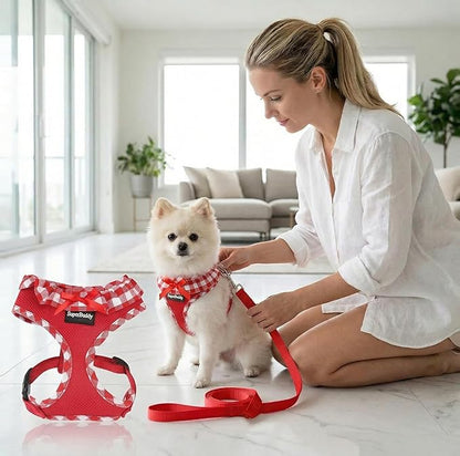 SuperBuddy Upgraded Soft Mesh Dog Harness Super Breathable Lightweight Pet Harnesses for Puppy Dogs Outdoor Walking, Red Dog Harness and Dog Leash Set Packing -Large