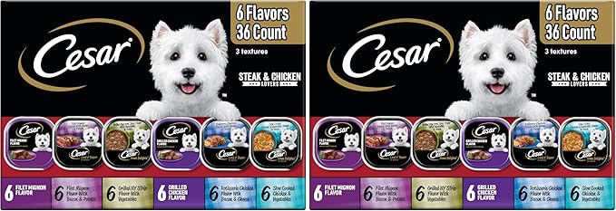 Cesar Wet Dog Food Steak and Chicken Lovers Variety Pack,Adult,Wet Food for Dogs with Real Beef or Chicken,3.5 oz Easy Peel Trays,36 Count (Pack of 2)