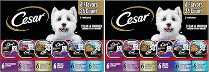 Cesar Wet Dog Food Steak and Chicken Lovers Variety Pack,Adult,Wet Food for Dogs with Real Beef or Chicken,3.5 oz Easy Peel Trays,36 Count (Pack of 2)