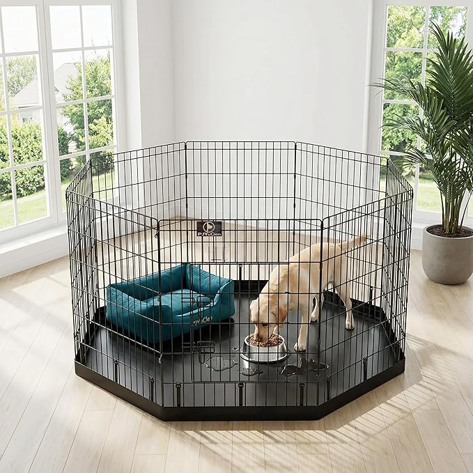 PJYuCien Dog Playpen with Bottom Pad - Metal Foldable Exercise Pen, 8 Panels 36" H x 24" W Indoor Outdoor Pet Fence Puppy Crate Kennel, Black