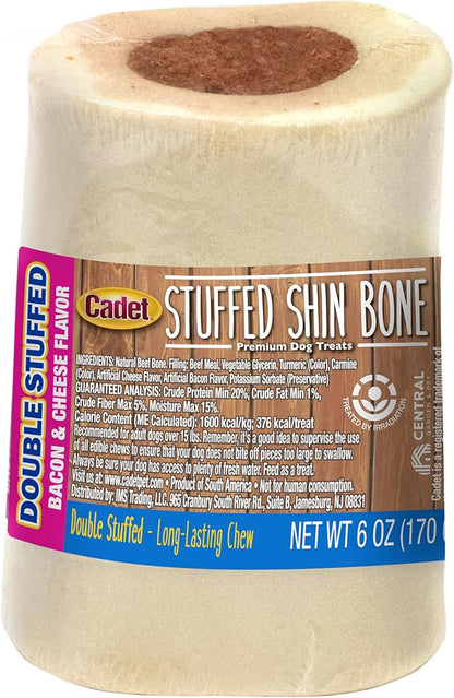 Cadet Stuffed Shin Bone, Long-Lasting Dog Chew Bones for Aggressive Chewers, High Protein Filled Bone Dental Chew for Dogs, Bacon & Cheese Flavor Filling, 3-4" for Small Dogs