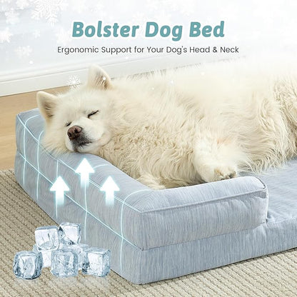 Cooling Dog Bed for Extra Large Dogs, Q-Max >0.4 Summer Cool Orthopedic Foam Pet Sofa Bed with Sides, Bolster Anti-Slip Couch with Washable Removable Cover, XXL 48x35x7.5 inch, Blue