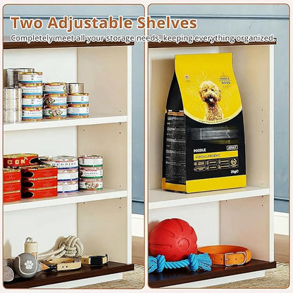 IRONCK Large Dog Crate Furniture with 2 Rotatable Dog Bowls, Wooden Dog Kennel with 2 Adjustable Shelves, Barn Doors Decorative Pet Cage Dog House as TV Stand, White