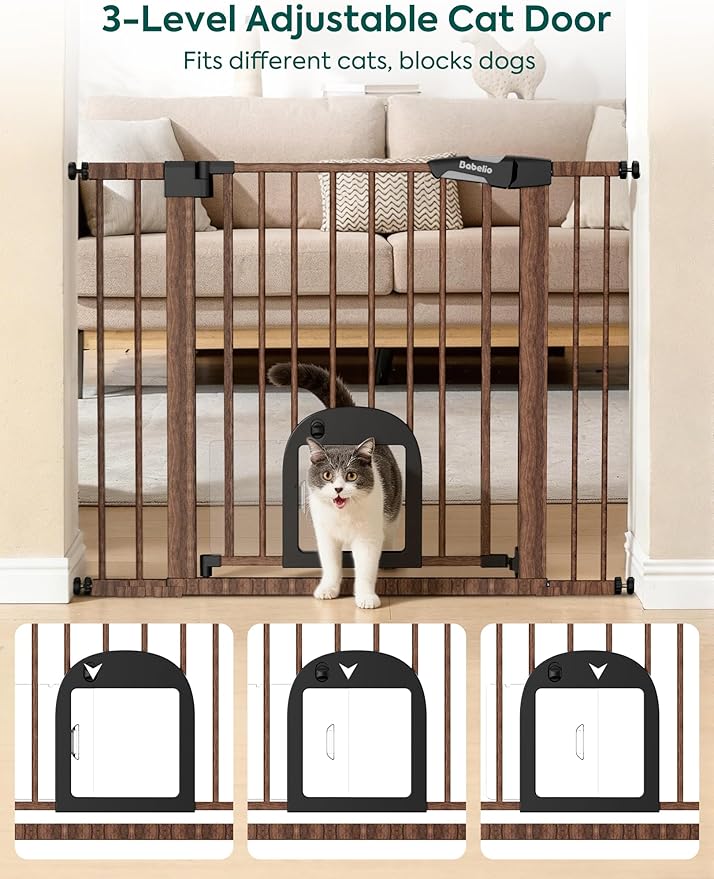 Babelio CatPrivilege Ⅲ Baby Gate with Cat Door, 29"-43" Adjustable Black Wood Pattern Pet Door, 30" Tall Pressure Mounted Safety Gate for Stairs & Doorways, Auto Close,Wall Protectors Included