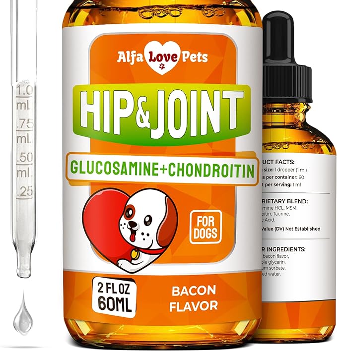 Glucosamine for Dogs + Chondroitinin in Liquid Form – Hip & Joint Supplement for Dogs to Care for Muscular System – Effective Dog Health Supplies with Natural Bacon Flavor – All Breeds Support – 2 oz