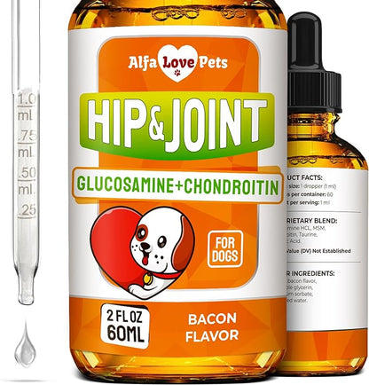 Glucosamine for Dogs + Chondroitinin in Liquid Form – Hip & Joint Supplement for Dogs to Care for Muscular System – Effective Dog Health Supplies with Natural Bacon Flavor – All Breeds Support – 2 oz