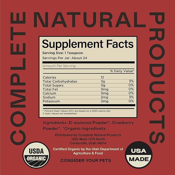 Complete Natural Products Organic D-Mannose & Cranberry Powder for Pets - 4oz - Pure D-Mannose & Cranberry