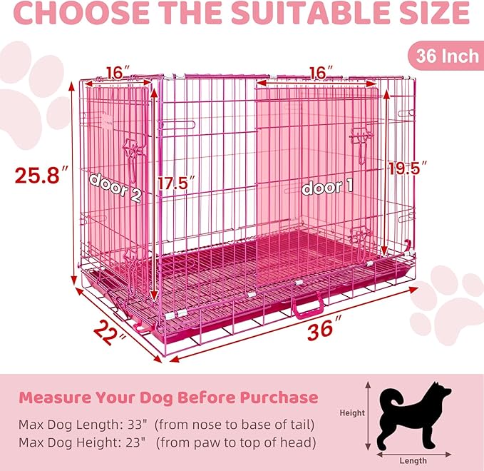 HOMEY PET 36 Inch Dog Crate, Cute Pink Dog Cage Collapsible Medium Dog Kennel Indoor, Nano-Coated Metal Wire Dog Crate with Removable Floor Grid Tray, Double Doors Dual Locks, Portable Handle