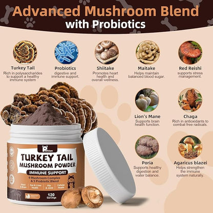 Mushroom Supplement with Probiotics for Dogs & Cats, Turkey Tail Mushroom for Pets - Mushroom Powder for Immune Boost & Overall Health- Partner Guard for Dogs Lumps and Bumps 2 Pack