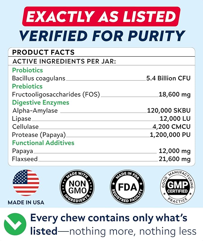 STRELLALAB Dog Probiotics Chews for Digestive Health & Gut Support with Yeast and Enzymes - Anti Gas, Diarrhea and Upset Stomach Immune Supplement - Digestion Treats with Fiber (120Ct, Chicken)