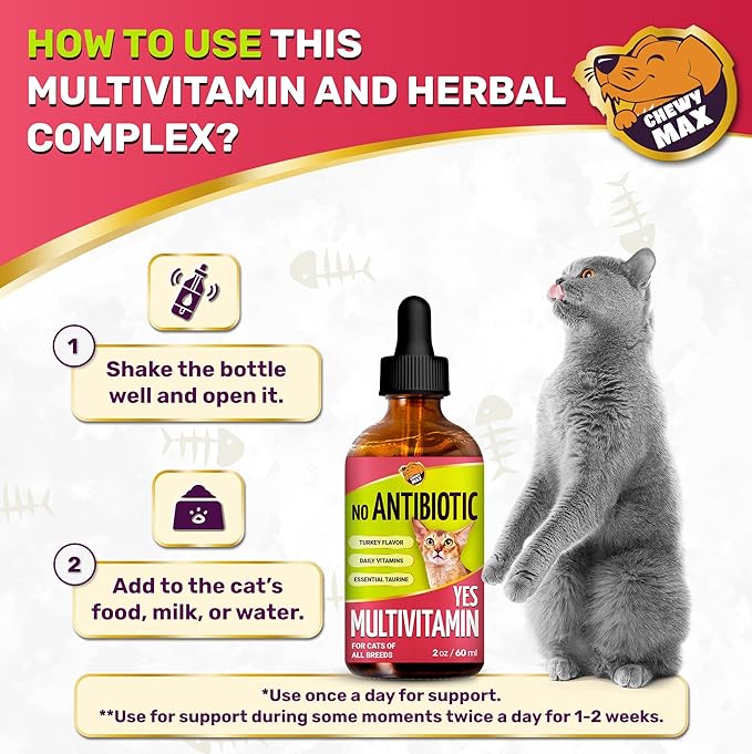 Cat Multivitamin Complex with Turkey Flavor – Natural Cat Antibiotic Liquid Alternative to Help with Allergies, UTIs & Cough – Herbal No Antibiotic Yes Multivitamin for All Breeds – 2 Oz