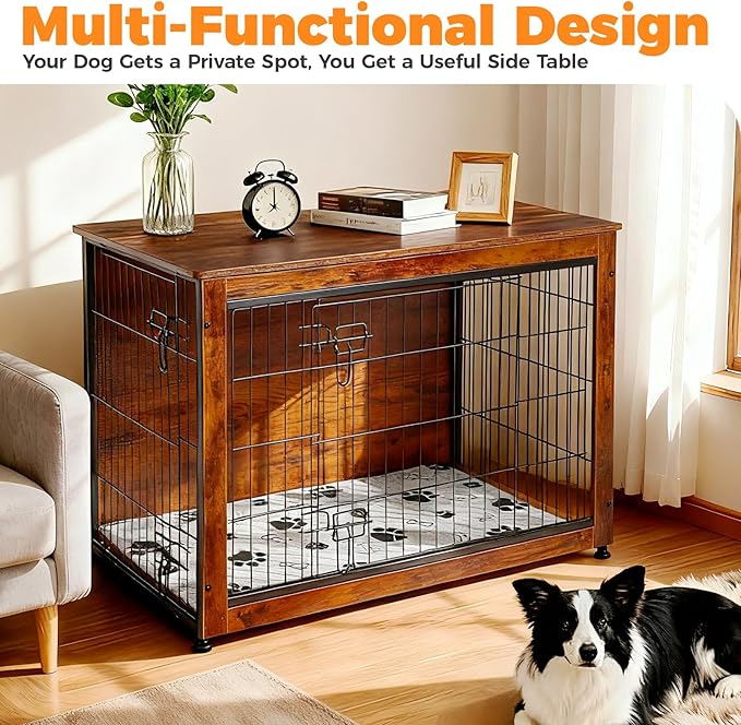 SHAWKEN Wooden & Metal Large Dog Crate Furniture Indoor with Soft Cushion, Double-Door Dog House, 37.4" L Dog Kennel (Rustic Brown, Large)