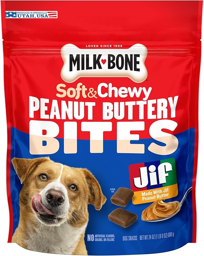 Milk-Bone Peanut Buttery Bites, Soft Dog Treats with Jif Peanut Butter, 24 Oz. Bag