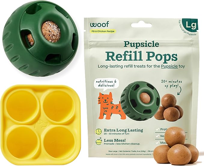 WOOF Starter Pack - Interactive Dog Ball Toy for Boredom - Dog Treat Molds Silicone - Chicken-Flavored Healthy Treats for Dogs - Pupsicle Doggy Enrichment Toy - for Large Pups - 25-75 lbs