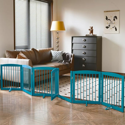PUPETPO Freestanding Pet Gates with Walk Through Door, Dog Indoor Fence, Dog Gate for The House, Doorway, Stairs, Extra Wide Pet Gate, Support Feet Included, 120 Inch Wide, 6 Panels 24" Tall, Blue