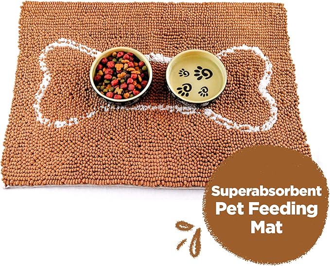 Soggy Doggy Slopmat Dog Food Mat – Absorbent Microfiber Chenille Pet Feeding Mat for Food & Water Bowls, Muddy Paws Small Doormat, Non-Slip, Machine Washable Rug – Caramel/Oatmeal Bone, 18” x 24”