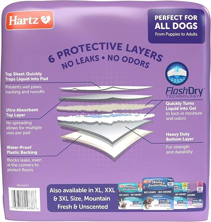 Hartz Home Protection Super Absorbent Odor Eliminating Lavender Scented No Leak Dog Pads, 50 count