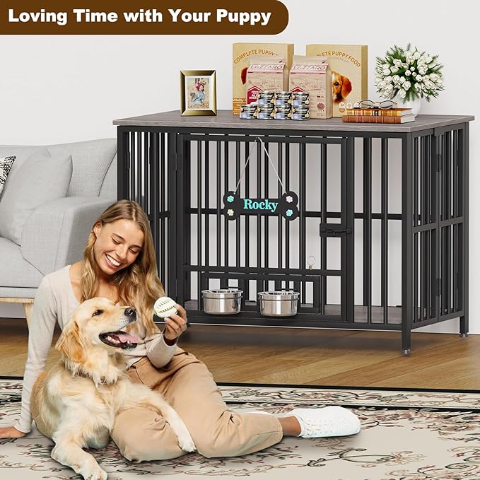 Easycom 41" Dog Crate Furniture Foldable, No Assembly Decorative Dog Kennel Indoor, Dog Crates for Large Dogs(35-60 lb), Wooden Dog Cage with Adjustable Bowls and Name Tag, End Table, Oak Grey