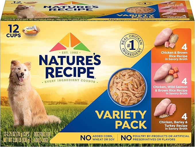 Nature's Recipe Chicken, Salmon and Turkey Recipes Variety Pack Wet Dog Food, 12-2.75 oz. Cups, 2 Count (Pack of 2)