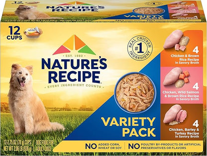 Nature's Recipe Chicken, Salmon and Turkey Recipes Variety Pack Wet Dog Food, 12-2.75 oz. Cups, 2 Count (Pack of 2)