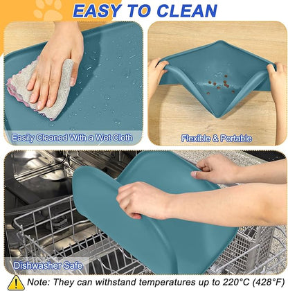 SMILOOL Silicone Pet Feeding Mat with Raised Edge for Food and Water, Dog Bowl Mats, Cat Bowls Placemat with High Lip for Floor Waterproof, Rubber Tray for Cats and Dogs 19 x 12 x0.7 Slate Blue